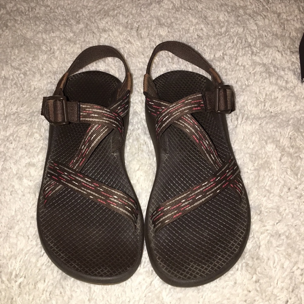Brown and Pink Chacos